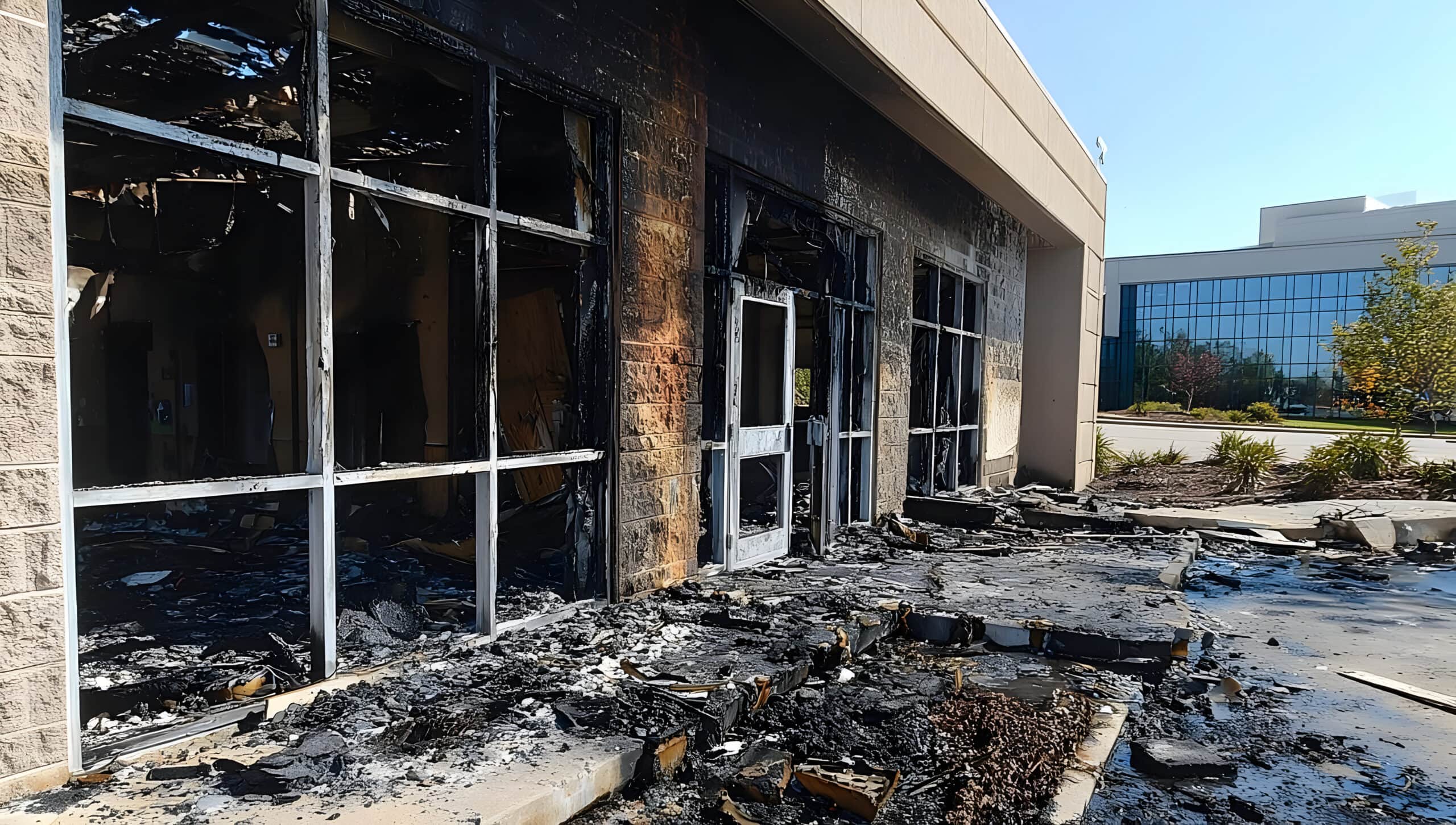 This image showcases a burnt exterior of a commercial building, highlighting the aftermath of a fire with charred debris and damaged structures.