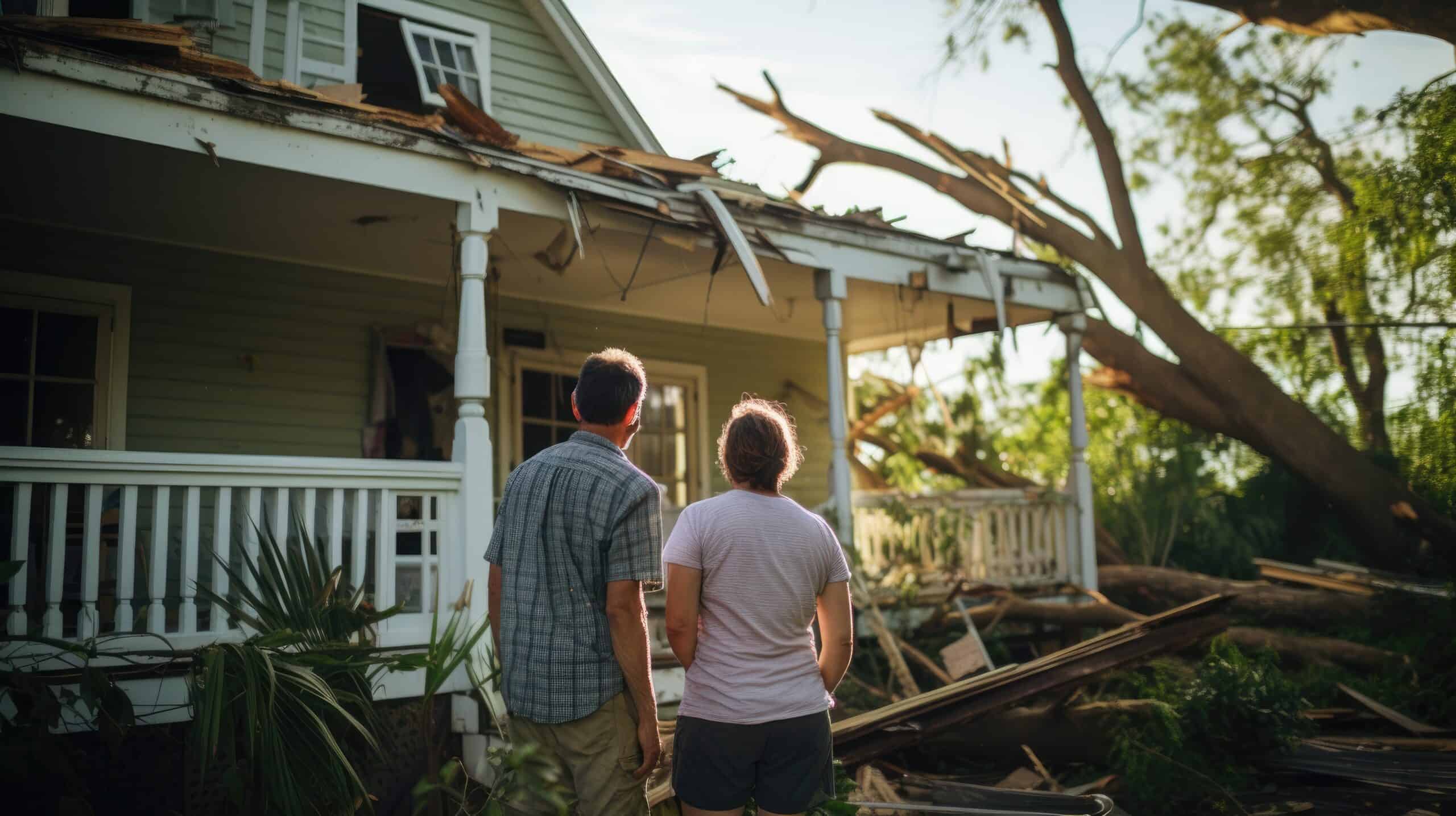Couple stands by their damaged home with a fallen tree on the roof