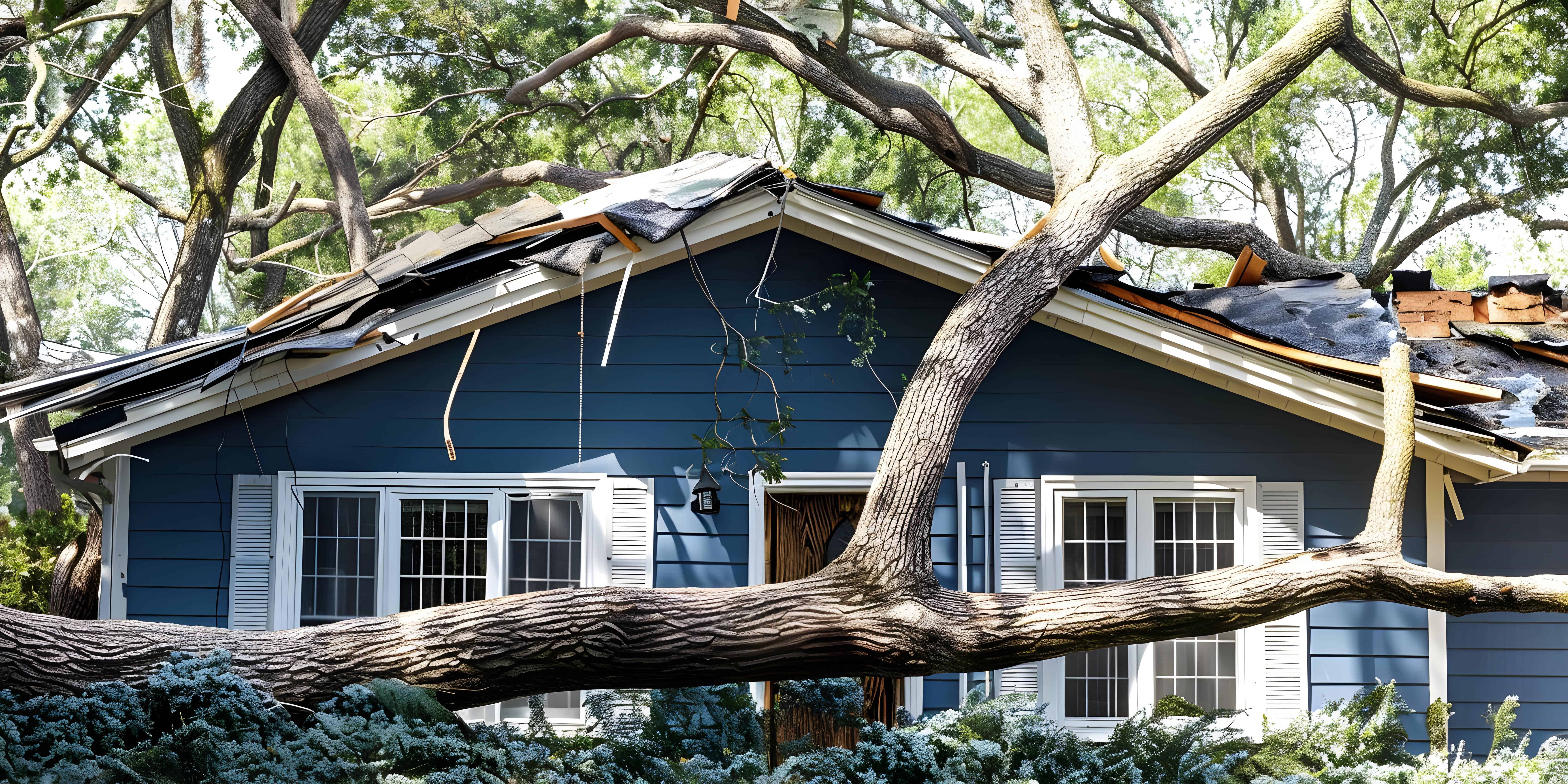 House damaged by fallen tree during storm. Concept Storm Damage, Tree Removal, Home Repairs, Insurance Claims, Dealing with Contractors