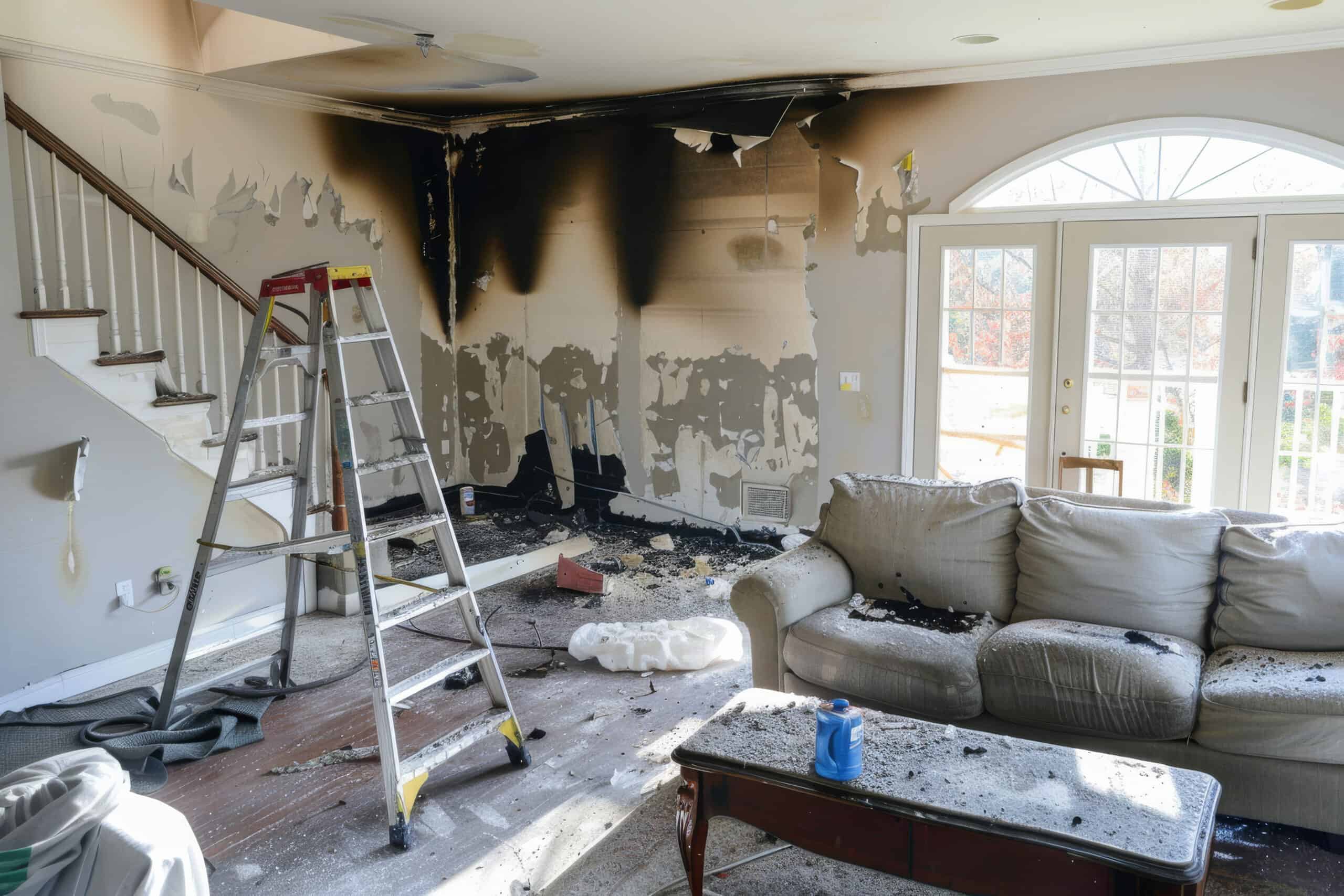A living room with significant fire damage, walls and ceiling charred, littered with debris. A ladder and couch remain amidst the soot and ashes.